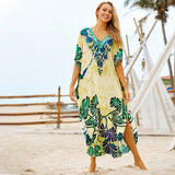 New Bohemian Printed V-Neck Half Sleeve Summer Beach Dress Green Cotton Tunic Women Beachwear Midi Dress Robe De Plage Q845