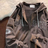 Momentlover Vintage Letter Print Zip Up Hoodie Women Jacket sweatshirt Oversized Casual Teens Clothes Hip Hop Streetwear New Korean