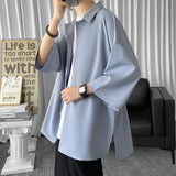 Momentlover  -  Solid Color Oversized Men's Shirts Harajuku Men Casual Half Sleeve Shirt Tops Cool Summer Streetwear Man Blouse 6 Colors