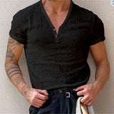 Momentlover Cotton Casual t Shirts Mens Clothing Solid Short Sleeve Polos Shirts Summer Fashion Man Streetwear Button V-neck Tee Tops