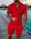 Momentlover Men's Polo Suit Fashion Men Sets Mens Solid Color Summer V-neck Zipper Short Sleeve POLO Shirt+Shorts Two Pieces Men Casual Suit