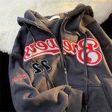 Momentlover Vintage Letter Print Zip Up Hoodie Women Jacket sweatshirt Oversized Casual Teens Clothes Hip Hop Streetwear New Korean