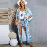 Printed Fringed Long Kimono Dress Bikini Wrap Cover-Ups Plus Size Women Summer Clothes Beach Wear Swim Suit Cover Up A1098