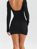 Women Knitted Ribbed Party Mini Dress Solid Long Sleeve Square Neck Dress Short Party Female Vestidos Streetwear