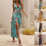 Back to School Summer Dresses For Women  Sexy Split Long Dresses Beach Floral Dress Open Back Bow Knot Open Collar Slit Dress Vestidos