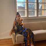 Sexy Boho Printed Slip Dress Women Summer Clothes Elegant Spaghetti Straped Side Split Open Back Maxi Dress Sundress