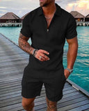 Momentlover Men's Polo Suit Fashion Men Sets Mens Solid Color Summer V-neck Zipper Short Sleeve POLO Shirt+Shorts Two Pieces Men Casual Suit