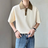 Momentlover  -  Summer Button Breathable Short Sleeve Waffle Elasticity Turn-down Loose T-Shirt Patchwork Korean Business POLO Oversize Shirt