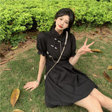 themeisles New Chinese Fashion Cheongsam Mini Doll Dress Stand Collar Puff Sleeve Little Ball Gown Dress Small Girl Black White Party Dress