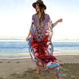 Solid Plus Size Long Kaftan Casual V-Neck Robe Summer Batwing Sleeve Woman Clothing Side Split Beachwear Maxi Dress Q1383