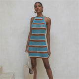 Sexy Striped Dress Blue Crochet Tunic Elegant Sleeveless Women Summer Dress Beach Wear Swim Suit Cover Up