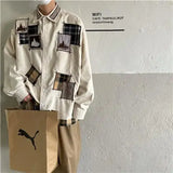 Momentlover  -  Men New Chinese Style Pure Cotton Printed Lapel Single-breasted Shirt Long-sleeved Trendy Loose and Versatile Shirt White