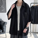 Momentlover  -  Told Tale Men's Wavy Grain Pleated Blouse Lapel Short Sleeve Streetwear Casual Male Loose Leisure Solid Shirts Men Clothing