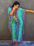 Solid Plus Size Long Kaftan Casual V-Neck Robe Summer Batwing Sleeve Woman Clothing Side Split Beachwear Maxi Dress Q1383