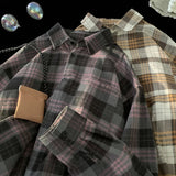 Momentlover  -  Korean Street Plaid Shirt Coat Men's Long Sleeve Turn Down Collar Casual Shirts Vintage College Style Unisex Fashion Clothing