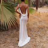 Sexy Spaghetti Strap Metal Zipper Back Open Satin Maxi Dress Long White Tunic Women Summer Clothes Elegant Party Dresses A1335