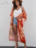 Printed Fringed Long Kimono Dress Bikini Wrap Cover-Ups Plus Size Women Summer Clothes Beach Wear Swim Suit Cover Up A1098