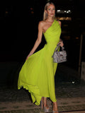 Back to School One Shoulder Green Pleated Maxi Dress Summer Women Sleeveless Cinched Waist Solid Color Elegant Party Evening Dresses