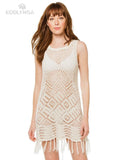 White Crochet Tunic Bikini Cover-Ups Sexy Hollow Out Sleeveless Fringed Mesh Dress Women Beach Wear Casual Mini Dress Q1398