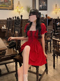 Red Even Party Dress Women Casual Short Sleeve Kawaii Lolita Mini Dress Female Autumn Elegant Vintage Dress Korean Fashion
