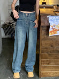 themeisles Retro Blue Distressed Korean Version High-waisted High-straight Design Loose Jeans