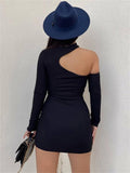 One-Shoulder Halter Dress Backless Black Skinny Bodycon Slim Mini Dresses For Women Party Long Sleeve Solid Dress