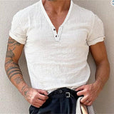 Momentlover Cotton Casual t Shirts Mens Clothing Solid Short Sleeve Polos Shirts Summer Fashion Man Streetwear Button V-neck Tee Tops