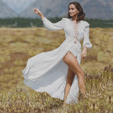 Sexy Hollow Out White  Summer Dress Beach Tunic Women Beachwear Long Sleeve Front Open Self Belted Maxi Dresses Q964