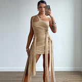 New Solid Color Sexy One-shoulder Strap Skinny High-waisted Hip Wrap Bodycon Dress Fringed Irregular Mini Dresses