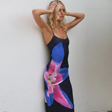 Floral Print Body-fitting Dress Sexy Backless Split Slim Slip Long Dress Slim Waist Wrapped Hips Elegant Maxi Dresses for Women