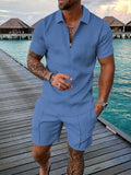 Momentlover Men's Polo Suit Fashion Men Sets Mens Solid Color Summer V-neck Zipper Short Sleeve POLO Shirt+Shorts Two Pieces Men Casual Suit