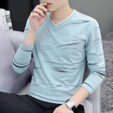 Momentlover  -  Fashion V-Neck Loose Korean Printed T-Shirt Men's Clothing Spring New Casual Pullovers Long Sleeve All-match Tee Shirt