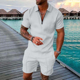 Momentlover Men's Polo Suit Fashion Men Sets Mens Solid Color Summer V-neck Zipper Short Sleeve POLO Shirt+Shorts Two Pieces Men Casual Suit