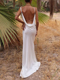 Sexy Spaghetti Strap Metal Zipper Back Open Satin Maxi Dress Long White Tunic Women Summer Clothes Elegant Party Dresses A1335