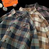 Momentlover  -  Korean Street Plaid Shirt Coat Men's Long Sleeve Turn Down Collar Casual Shirts Vintage College Style Unisex Fashion Clothing