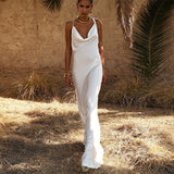 Sexy Spaghetti Strap Metal Zipper Back Open Satin Maxi Dress Long White Tunic Women Summer Clothes Elegant Party Dresses A1335
