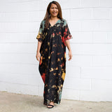 Printed V-Neck Batwing Sleeve Side Split Loose Dress For Women Clothes Plus Size Beachwear Maxi Dress Q1218