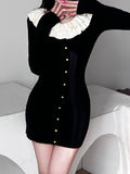 Korean Fashion Ruffles Patchwork Bodycon Knitted Sweater Dress Black Buttons Slim Autumn Casua Dresses Sweet Outfits