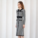 Vintage Black Gold Plaid Knitted Formal Dress Women Elegant Luxury Long Sleeve Winter Autumn Fall Ladies Dresses For Women