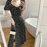 Black Feminine Floral V-Neck Robe For Summer Off Shoulder Chic And Elegant Woman Dress Puff Sleeve MAXI Dresses