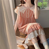 themeisles Plaid Retro Elegant Casual NightDress Soft Ruffles Sweet Simple Summer O-Neck Princess Long Sleepwear Cotton Lace Short sleeve