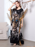 Elegant Tiger Printed Long Dreen  Women Summer Tassel Batwing Sleeve Dress Beach Wear Long Robe De Plage A925