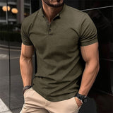 Momentlover Summer Vintage Henry T Shirts Men Leisure Solid Color Short Sleeve Button Slim Polo Tee For Mens Casual Slim Fit Tops Streetwear