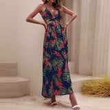 Back to School Summer Dresses For Women  Sexy Split Long Dresses Beach Floral Dress Open Back Bow Knot Open Collar Slit Dress Vestidos