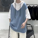 Momentlover  -  Fake Two T Shirts Men Sumemr Hip Hop Patchwork Short Sleeve T-shirt Men Fashion Clothing Brand Cotton Tee Shirts