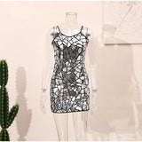 Back to School Sparkly Metallic Mini Dress Summer Women Sexy Embellished Sequins Bodycon Dresses Mirror Glitter Party Evening Halter Dress