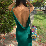 Sexy Spaghetti Strap Metal Zipper Back Open Satin Maxi Dress Long White Tunic Women Summer Clothes Elegant Party Dresses A1335