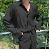 Momentlover  -  Streetwear Korean Pleated Texture Loose Long Sleeve Shirt Solid Casual Single Breasted Lapel Black Coffee Shirts New