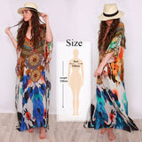 Blue Bohemian Embroidered Batwing Sleeve Side Split Summer Beach Dress Chiffon Tunic Women Plus Size Beachwear Kaftan Q746