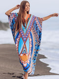 Printed Summer Holiday Dress Blue Tunic Women Beach Wear Kaftan V-Neck Bats Sleeve Maxi Dress Robe Q956